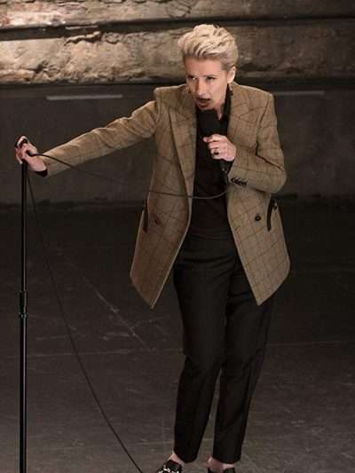 Late Night Emma Thompson Checked Khaki Coat