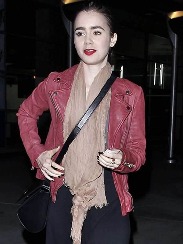 Lilly Collins Motorcycle Pink Leather Jacket