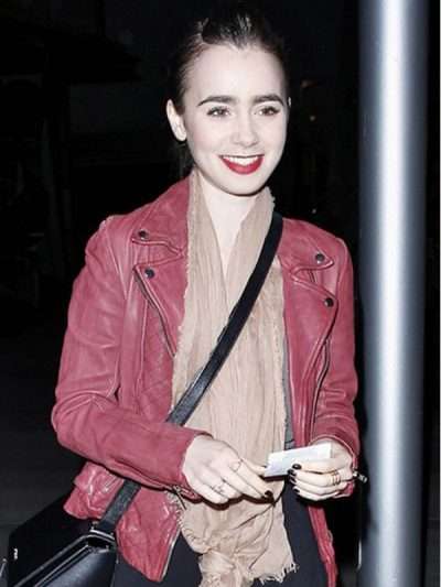 Lilly Collins Hits Theaters for Spiderman 2 Leather Jacket