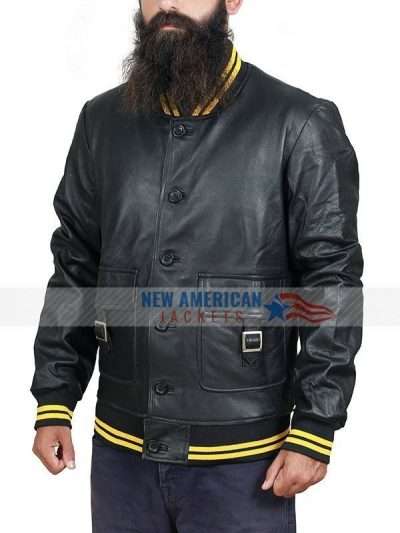 Denzy Ribbed Black Leather Bomber Jacket
