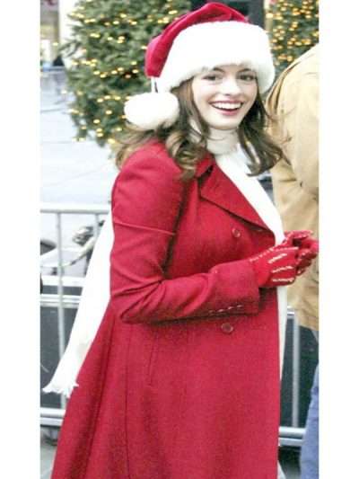 Actress Anne Hathaway Red Christmas Coat