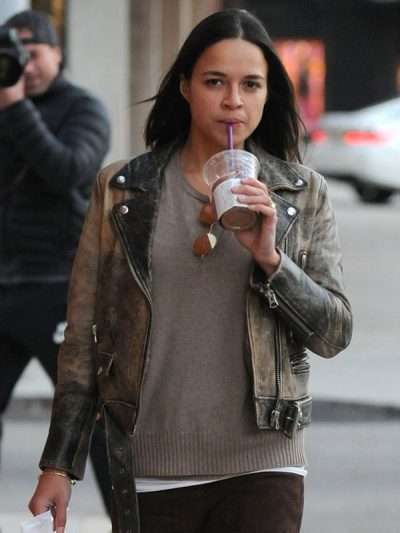 Actress Michelle Rodriguez Brown Leather Jacket