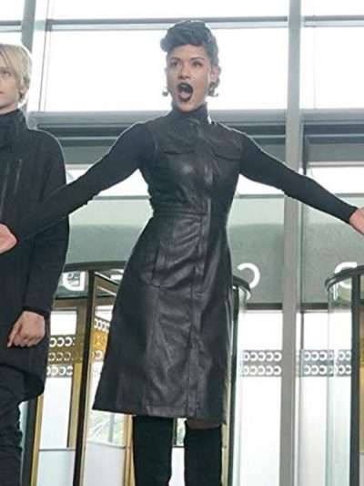 Black Sleevlesss Leather Coat Worn by Grace Byers in Tv Series The Gifted