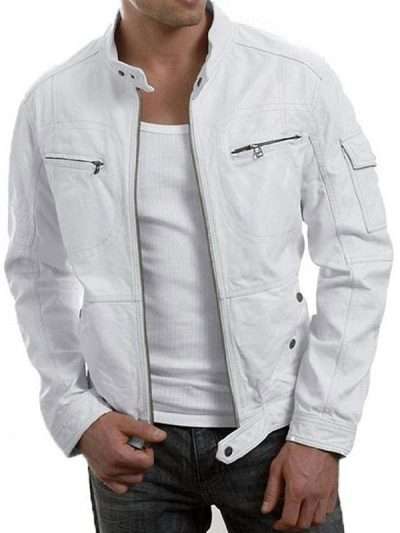 Men's White Café Racer Motorcycle Leather Jacket