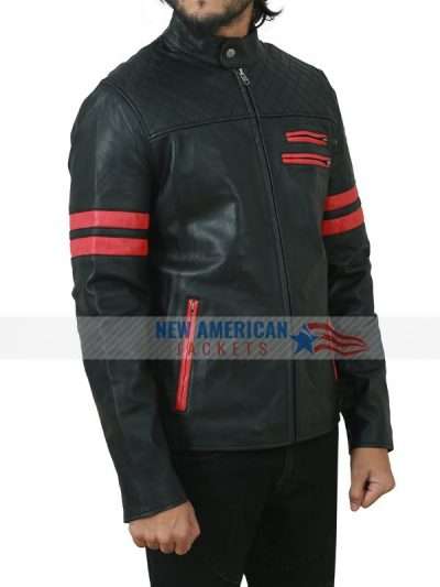 Mens Red Stripes Motorcycle Quilted Leather Jacket