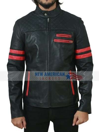Black Cafe Racer Leather Jacket with Red Stripes