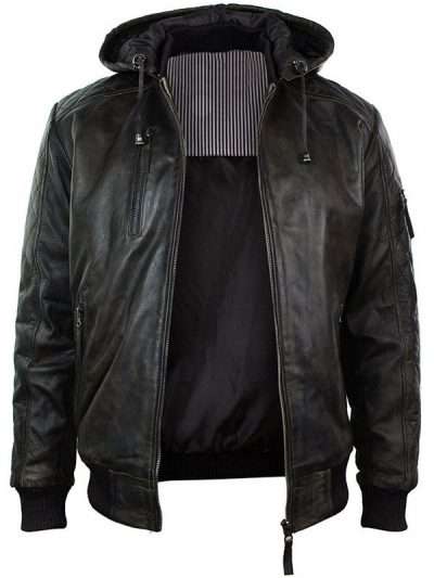 Men's Dark Brown Bomber Distressed Hooded Leather Jacket