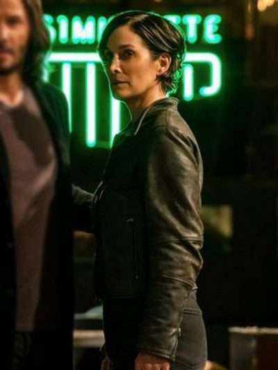 Trinity The Matrix Resurrections Carrie Anne Moss Slim Fit Black Leather Jacket