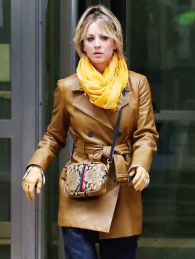 The Flight Attendant Kaley Cuoco Leather Brown Coat