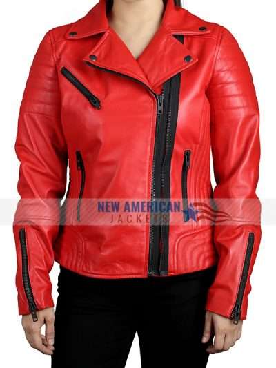 Womens Biker Double Zipper Quilted Red Leather Jacket