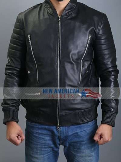 Men's Black Double Zipper Genuine Bomber Leather Jacket