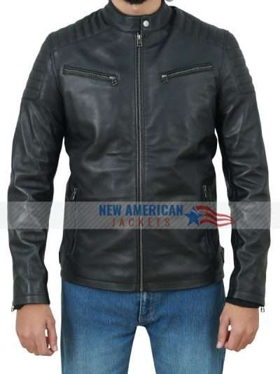 Men Real Leather Black Biker Quilted Leather Jacket
