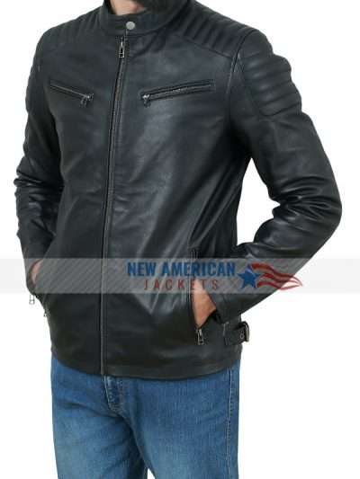Men Real Leather Black Biker Quilted Leather Jacket