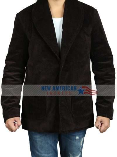 Men Shawl Collar Brown Corduroy Jacket