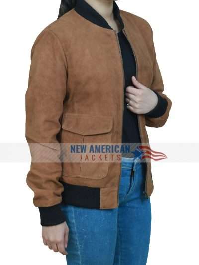 Womens Ribbed Collar Brown Suede Leather Bomber Style Casual Jacket