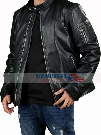 Men Basic Style Genuine Black Leather Jacket with Zipper Sleeve Pocket
