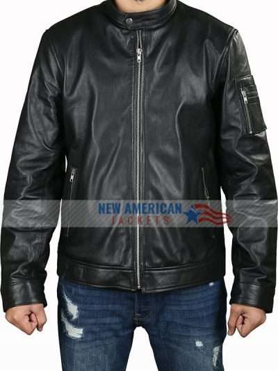 Men Basic Style Genuine Black Leather Jacket with Zipper Sleeve Pocket