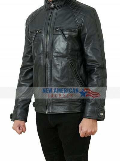 External Material: Real Leather Inner: Viscose Lining Front: Zipper Closure Collar: Snap-Tab Erect Collar Color: Black Pockets: Four at Front and Two Inside Sleeves: Full-length Sleeves