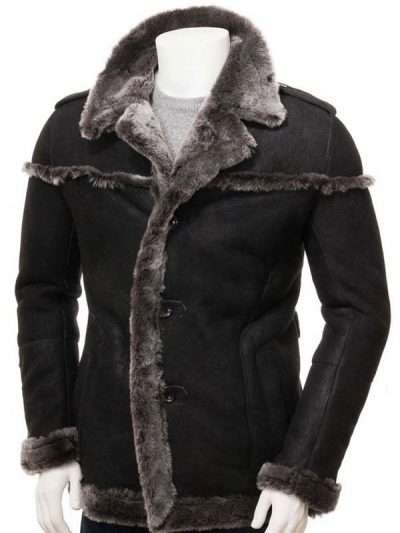 Mens Shearling Black Suede Leather Coat