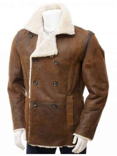 External Material: Real Sheepskin Leather Inner Lining: Viscose Lining Front: Double Breasted Buttoned Closure Collar: Shearling Lapel Collar Color: Brown Pockets: Two at Waist and Two Inside Sleeves: Full-length Sleeves