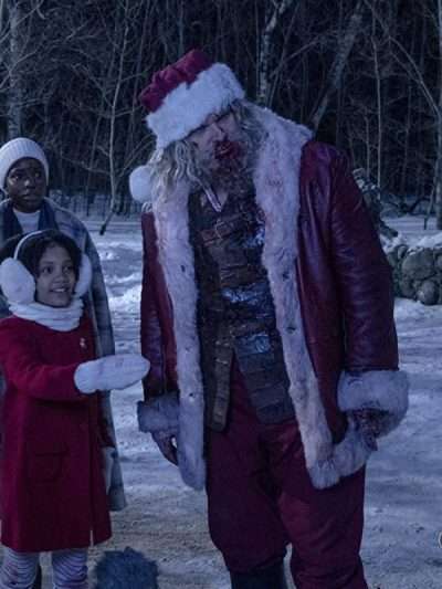 David Harbour Violent Night Maroon Leather Coat