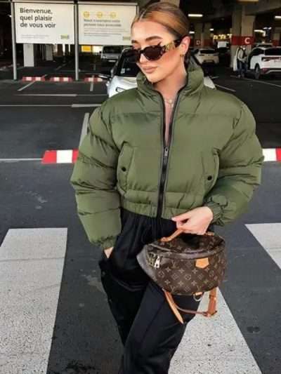 Women Cropped Khaki Puffer Jacket