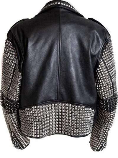 Men Stylish Black Punk Studded Biker Real Leather Jacket