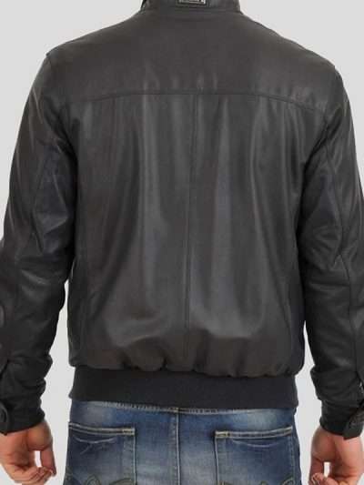 Mens Black Bomber Standing Collar Real Leather Jacket