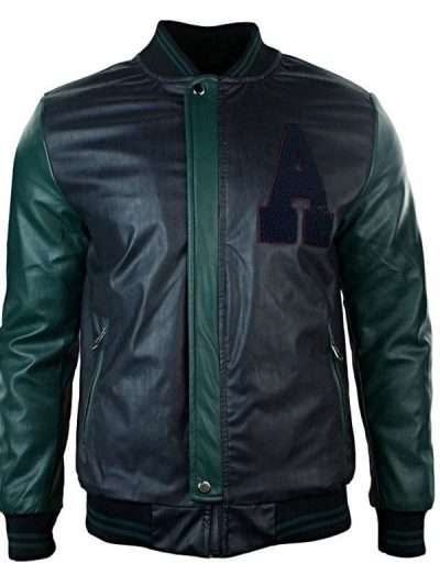 Men Baseball Green and Black Leather Jacket