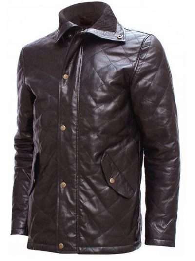 Men Brown Shirt Collar Quilted Leather Jacket