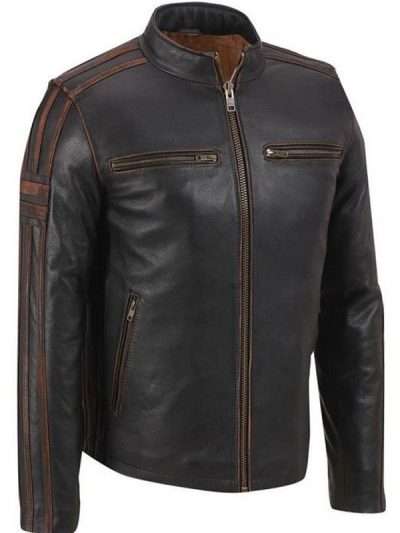 Men Brown Strip Cafe Racer Black Leather Jacket