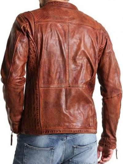 Men’s Vintage Belted Collar Distressed Brown Leather Jacket