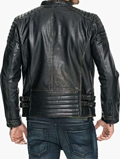 Men Quilted Sheepskin Distressed Black Leather Jacket