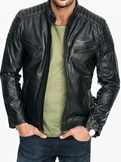 Men Quilted Sheepskin Distressed Black Leather Jacket