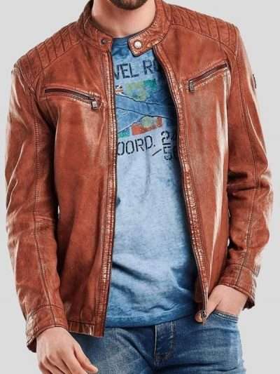 Snap Tab Stylish Brown Men Leather Jacket
