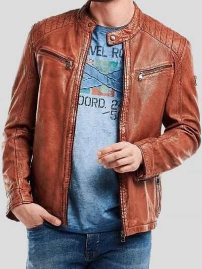 Snap Tab Stylish Brown Men Leather Jacket