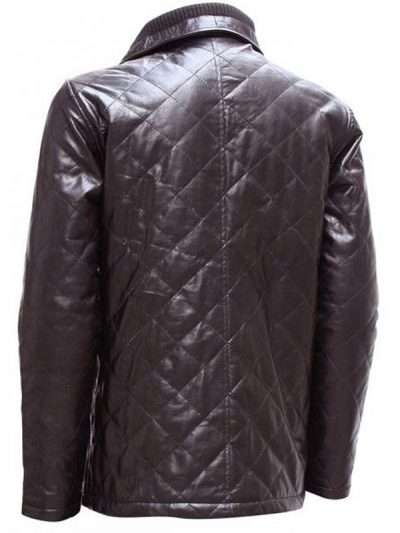 Men Brown Shirt Collar Quilted Leather Jacket