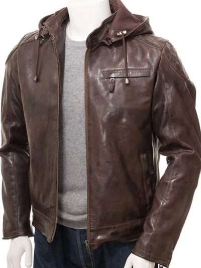 Quilted Brown Men Hooded Real Leather Jacket