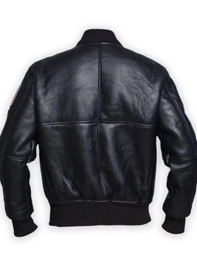 Men Sheepskin American Flag Bomber Black Leather Jacket