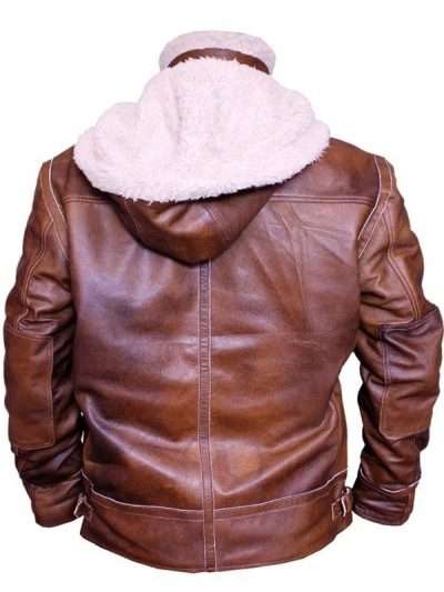 Men Belted Collar B3 Brown Shearling Hooded Leather Jakcet