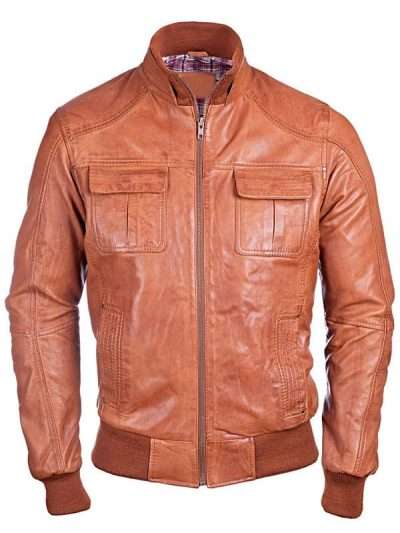Men Sheepskin Waxed Brown Bomber Leather Jacket