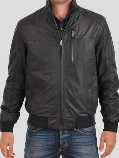 Mens Black Bomber Standing Collar Real Leather Jacket