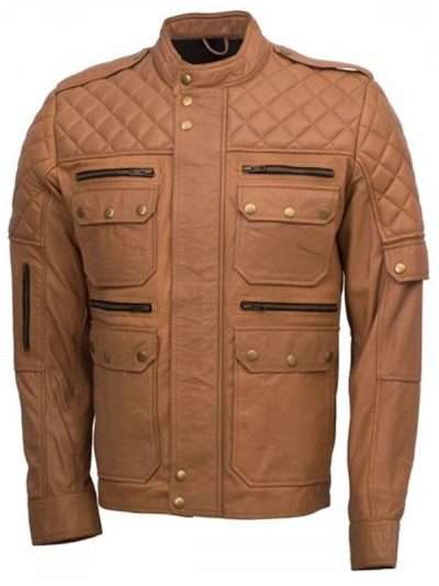 Quilted Style Men Brown Sheepskin Leather Jacket
