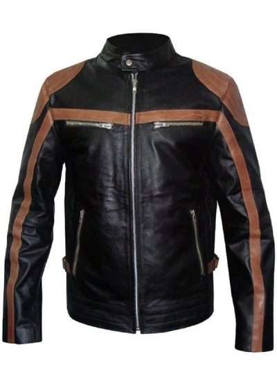 Men’s Snap Tab Collar Brown Strip Black Leather Jacket