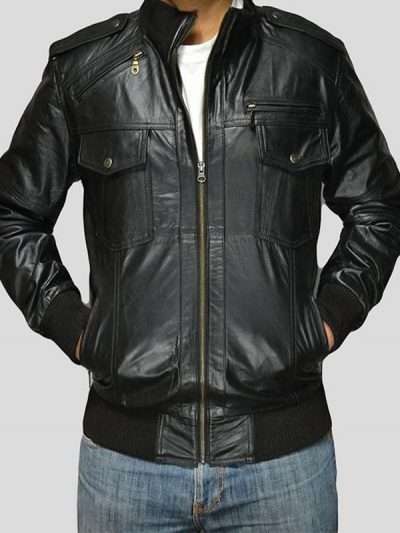 Men Black Bomber Real Leather Jacket