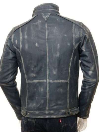 Men Black Cafe Racer Distressed Waxed Leather Jacket