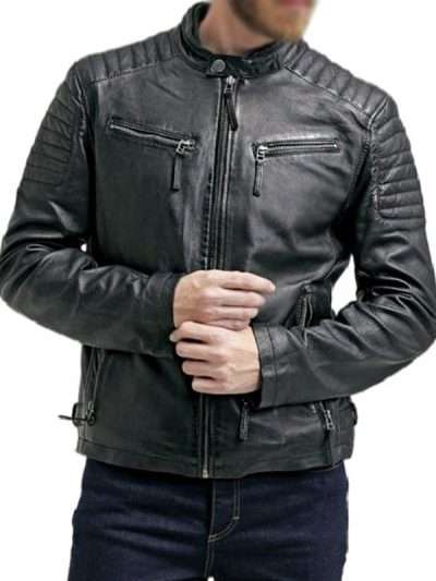 Men’s Quilted Slim Fit Motorcycle Black Leather Jacket