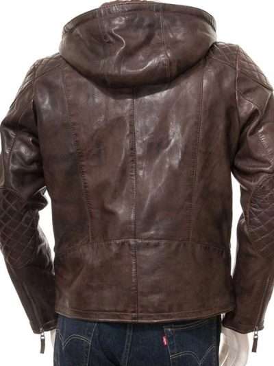 Quilted Brown Men Hooded Real Leather Jacket