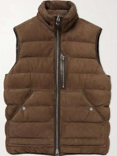 Men Brown Suede Leather Puffer Vest