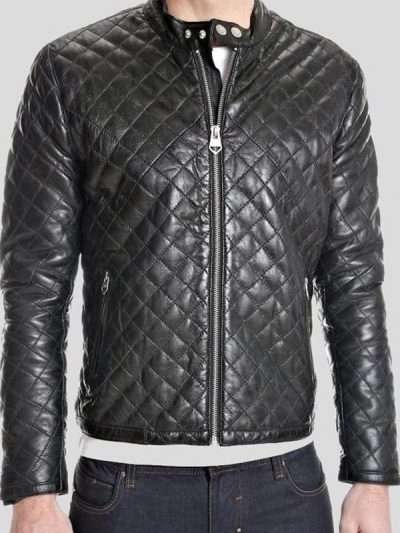 Quilted Men Snap Tab Collar Black Leather Jacket